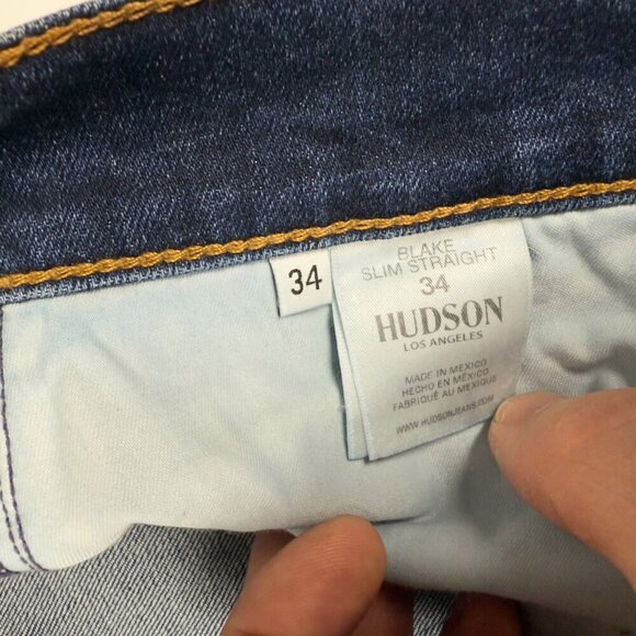 HUDSON Blake Denim Slim Straight Whiskered Faded Medium Dark Blue Wash Jeans 34 - Picture 5 of 7